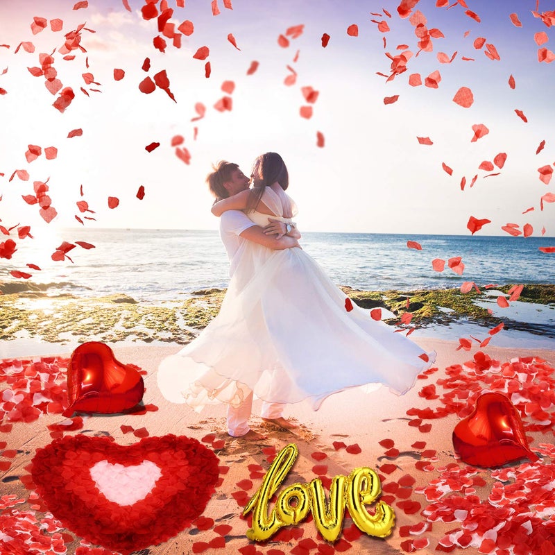 GJ Valentines Day Red Wedding Decorations Artificial Petals Heart Shaped Love Foil Balloons Silk Rose Petals Romantic Design for Wedding Engagement Anniversary Confetti Centerpieces Cake Table Decoration - Image 2